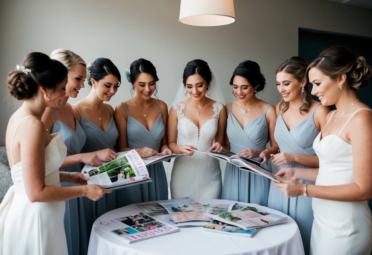 A group of bridesmaids gathered around a table, discussing wedding details and flipping through bridal magazines for inspiration