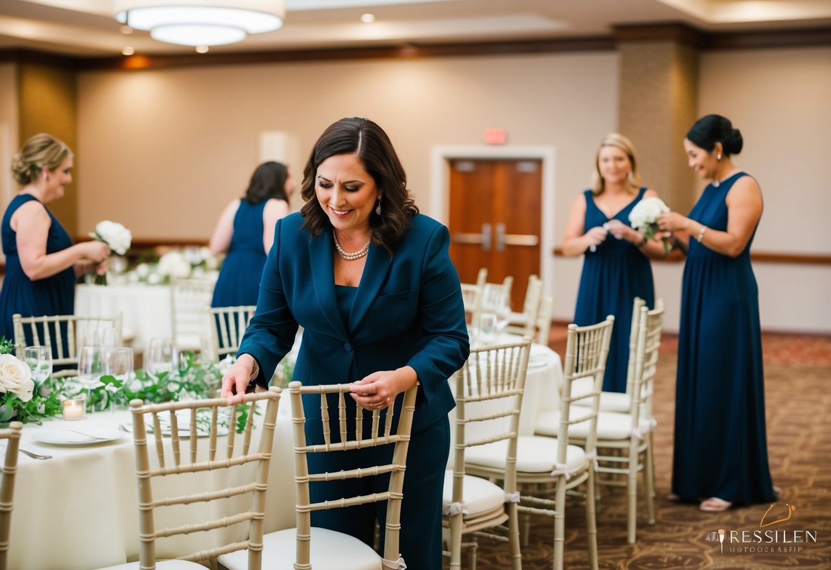 A wedding coordinator arranging chairs and decorations in a reception hall
