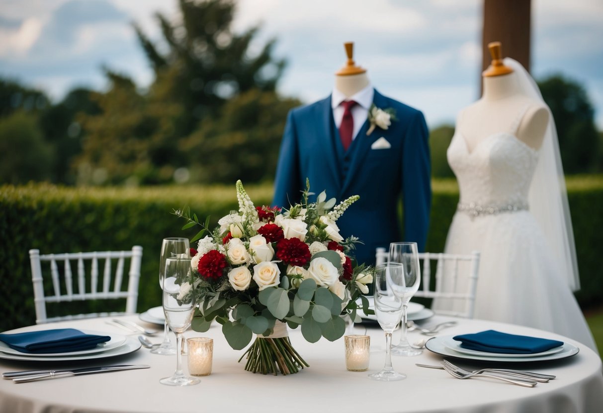 A table set with a bouquet, wedding dress, and suit