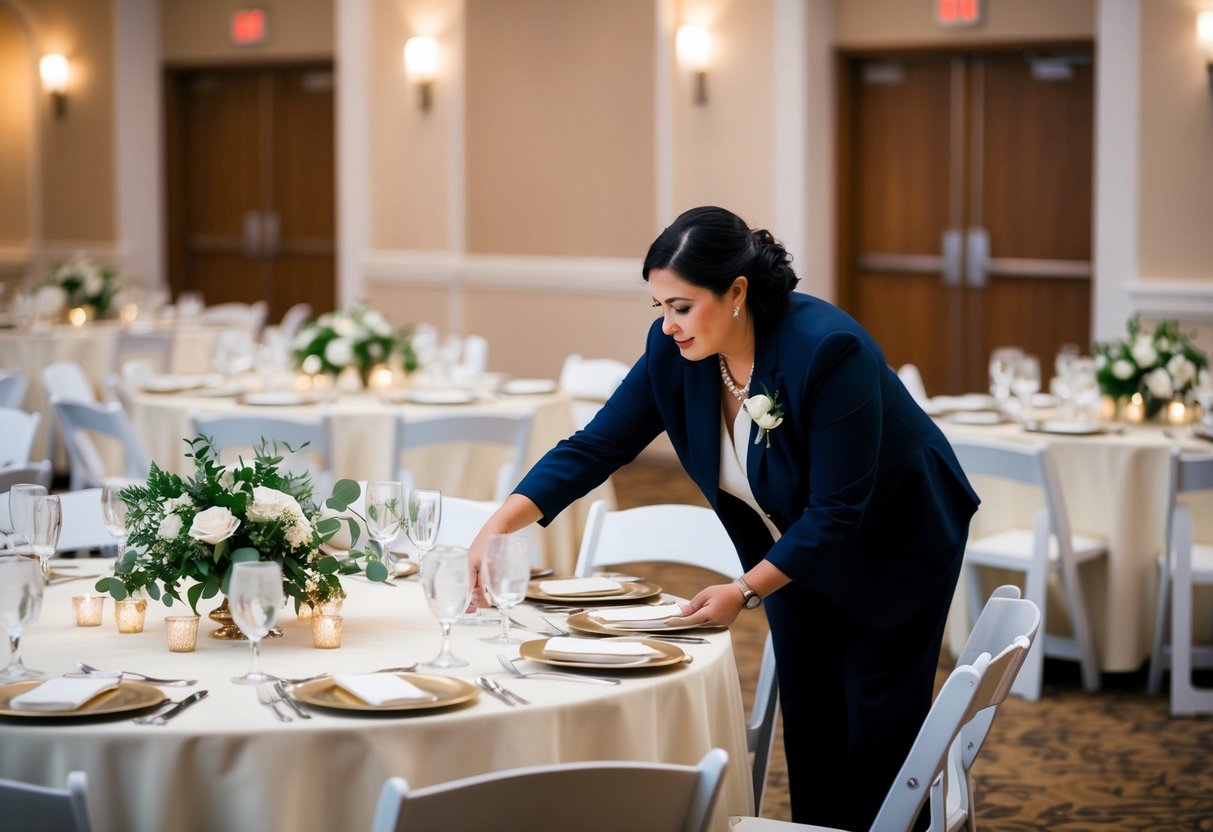 A wedding coordinator arranging tables and chairs in a reception hall, placing centerpieces and ensuring everything is set up perfectly for the event