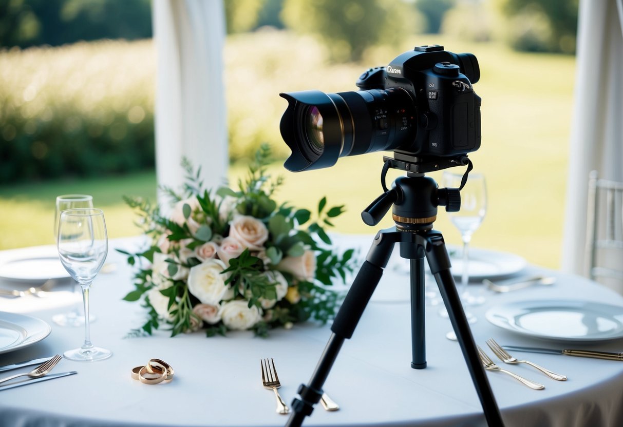 A table set with a bouquet, wedding rings, and a camera on a tripod in soft, natural light