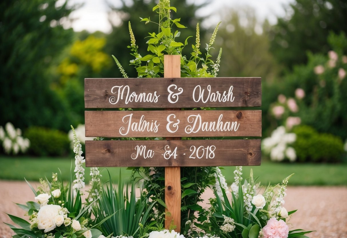 A serene outdoor setting with a rustic wooden sign displaying the couple's names and wedding date, surrounded by lush greenery and blooming flowers