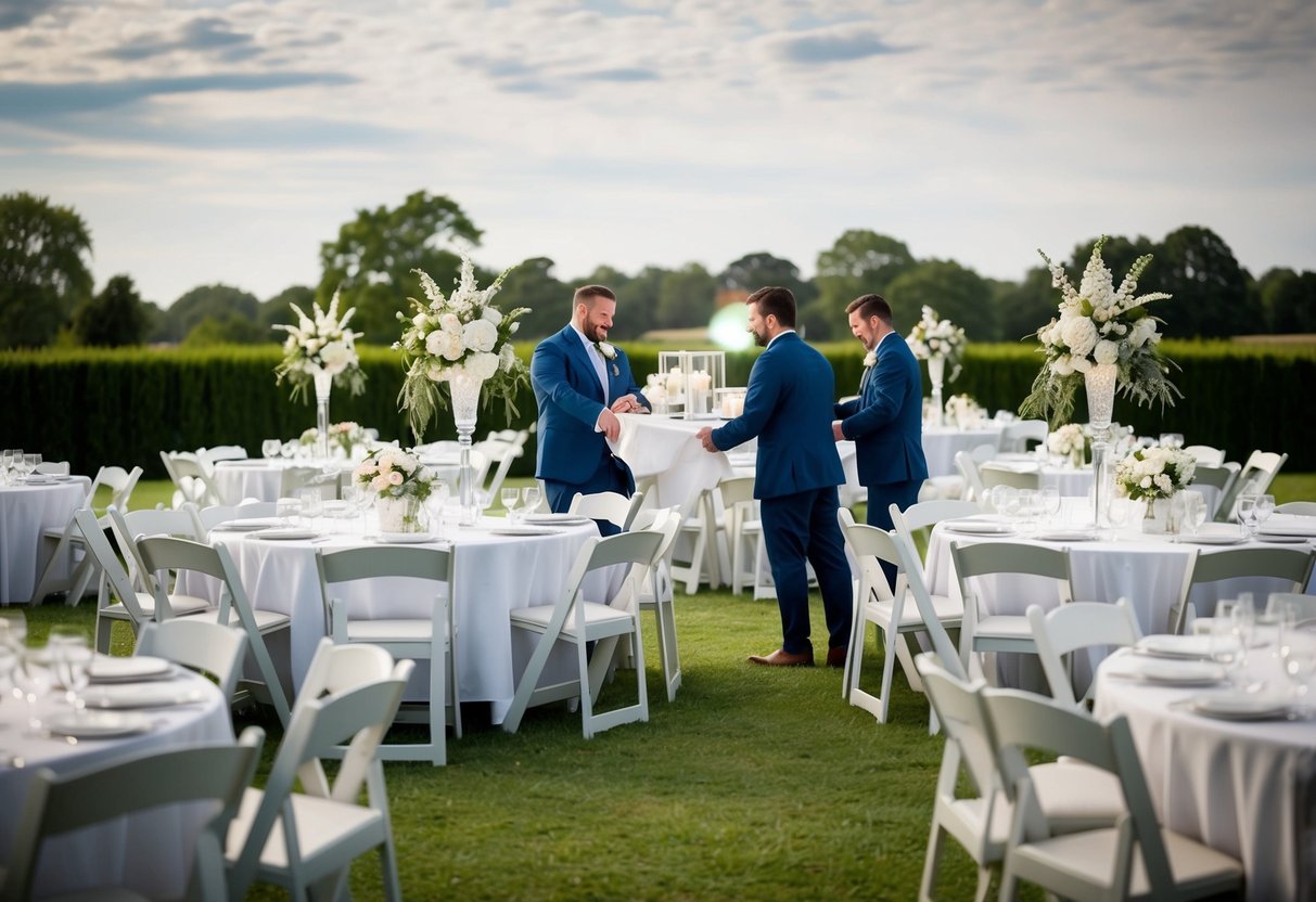 Wedding coordinators arrange chairs, tables, and decorations for post-wedding activities
