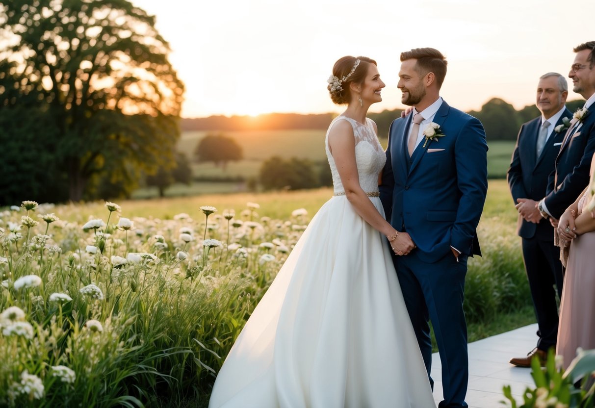 A couple standing in a field with flowers and a sunset for pre-wedding. A couple standing at the altar with guests for the wedding