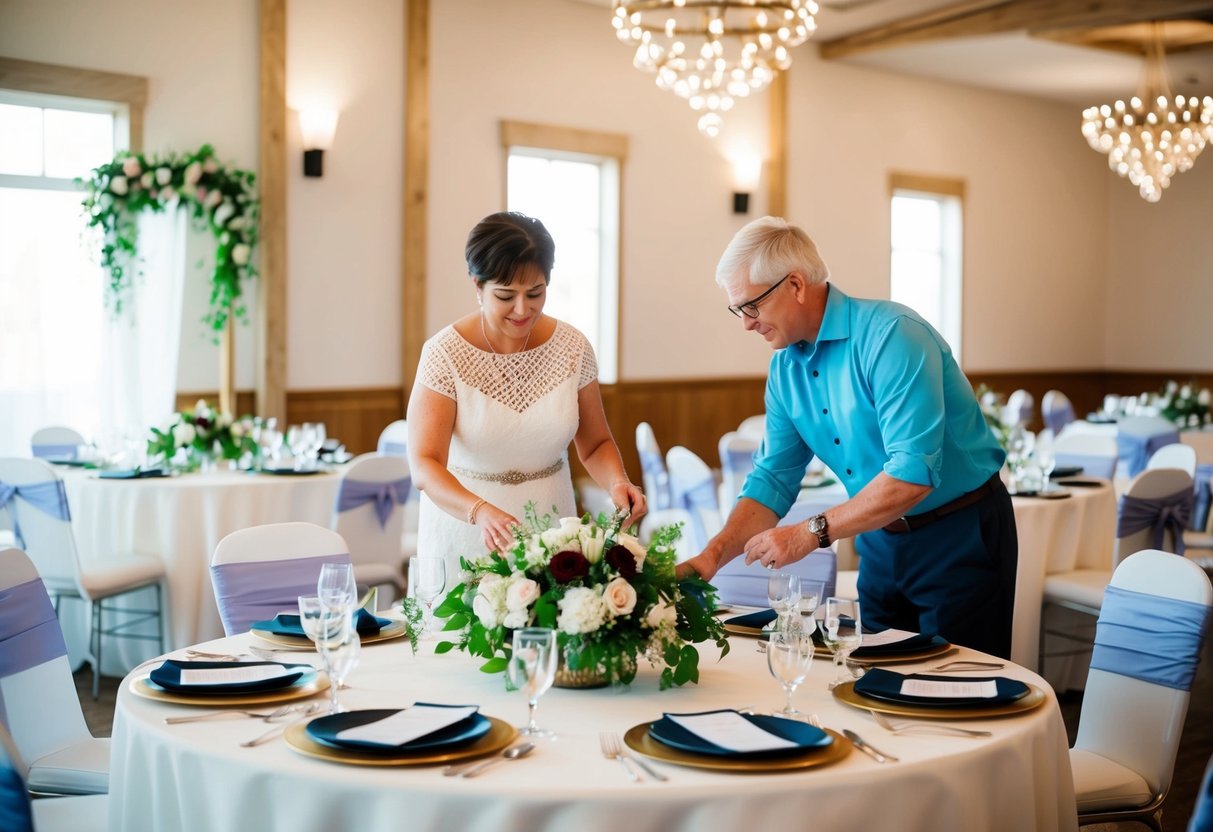 A family member organizes a wedding venue with seating, flowers, and decorations