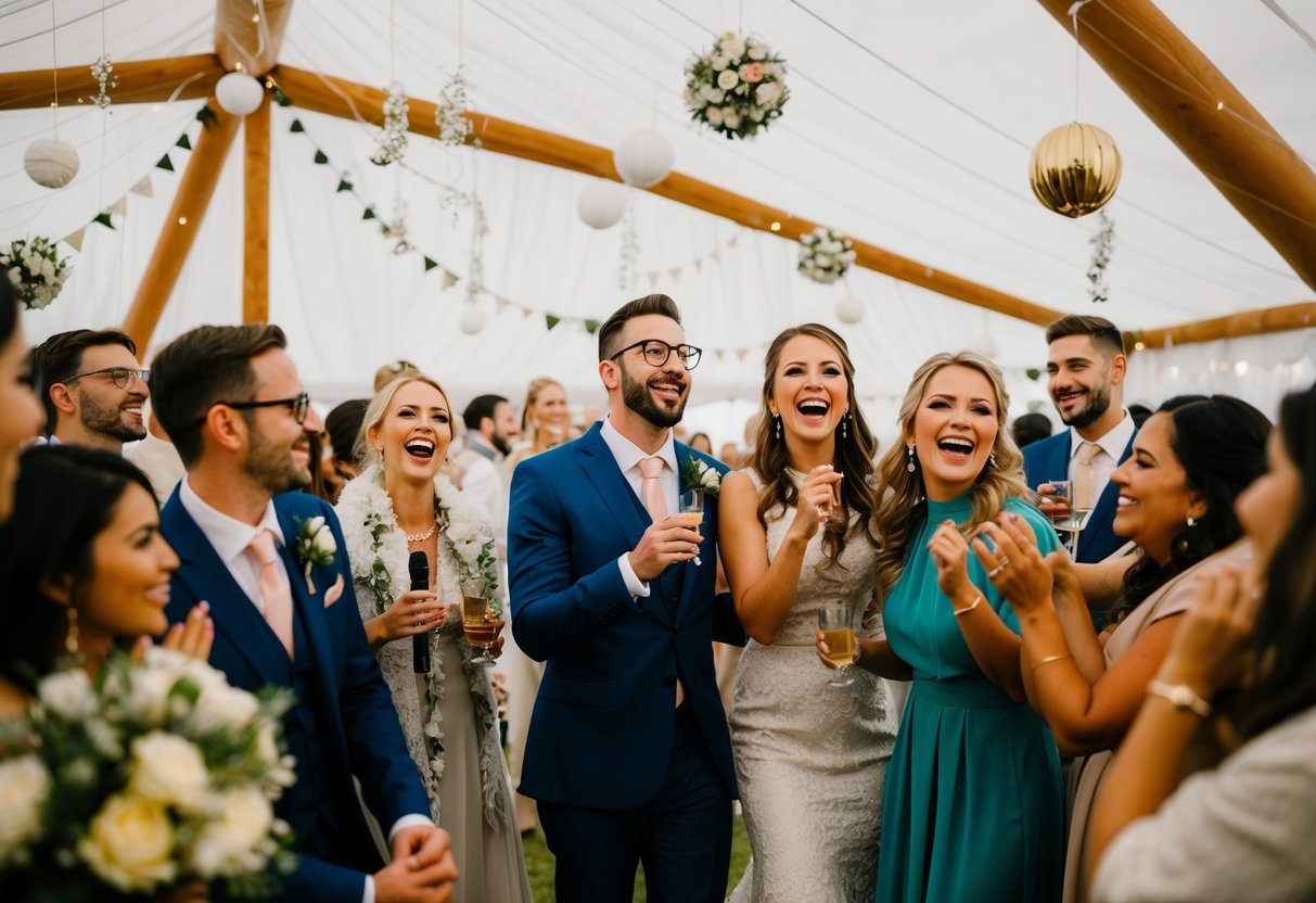 A festive scene with decorations, music, and joyful guests distinguishes pre-wedding festivities from the formal ceremony