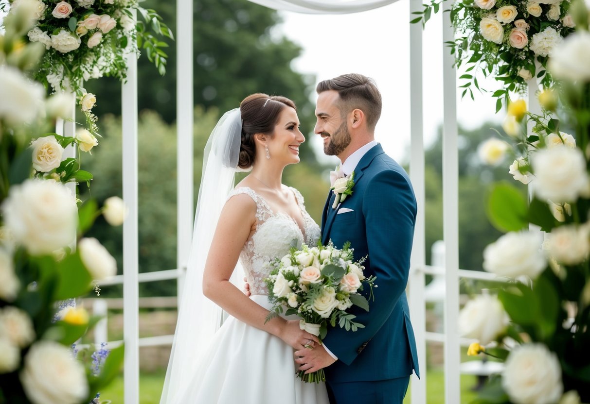 A bride and groom standing together, surrounded by wedding decorations and flowers, symbolizing the difference between pre-wedding and wedding day