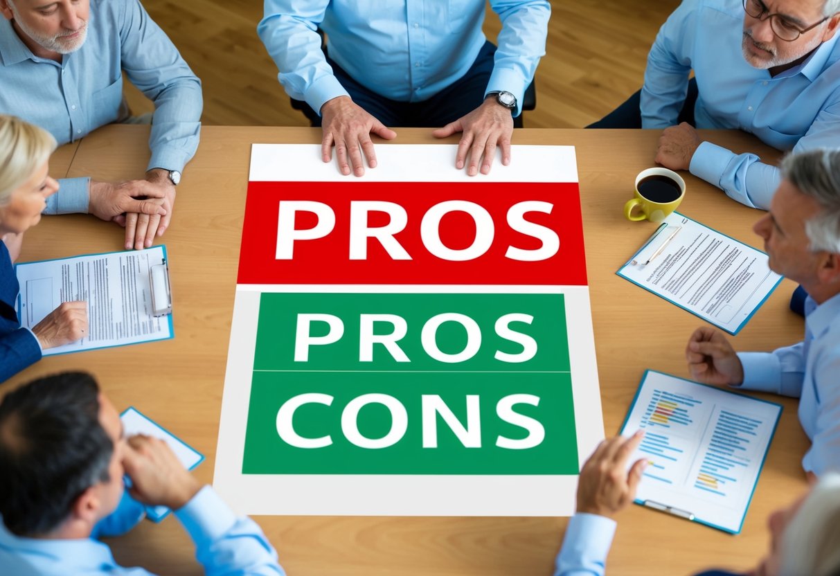 A table with a list of pros and cons, surrounded by family members discussing and debating