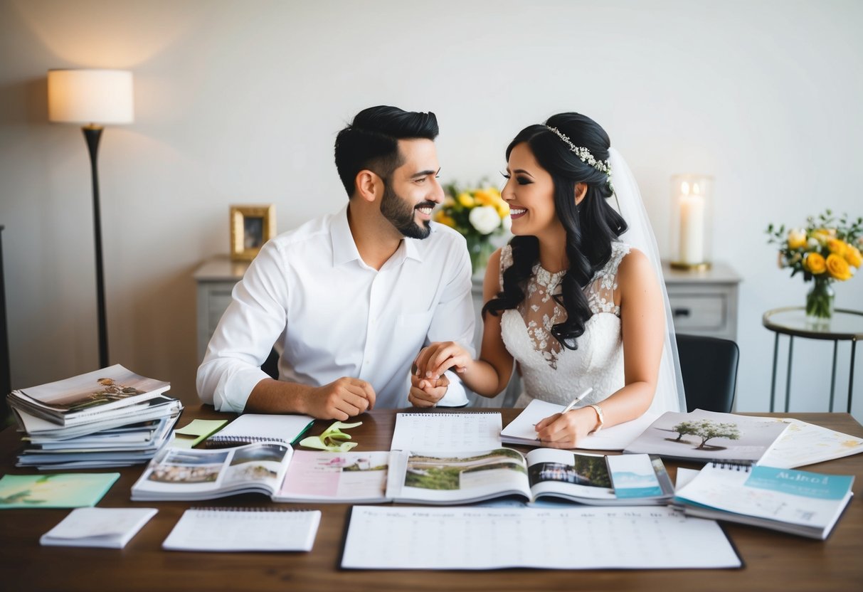 A couple sits at a table covered in wedding magazines, notes, and a calendar. They discuss plans with excitement and anticipation