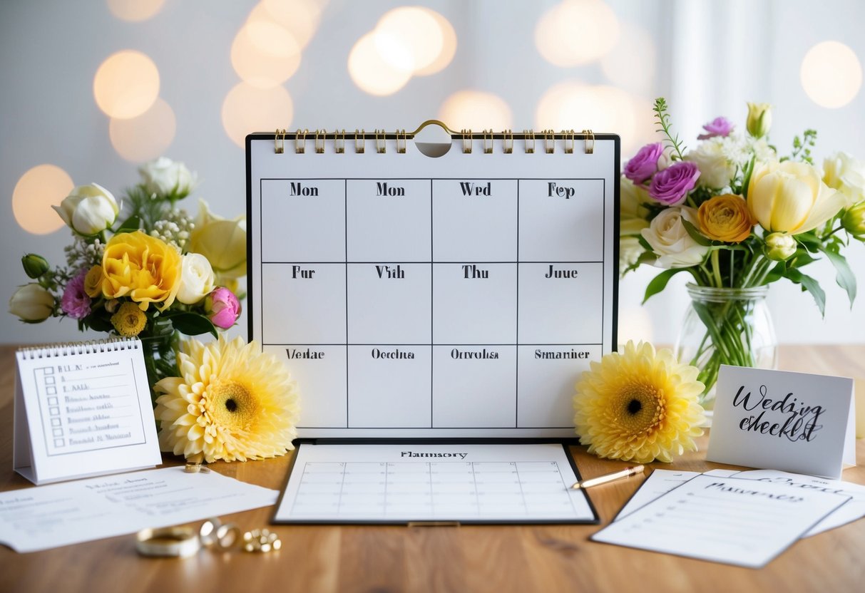 A calendar with 18 months marked, surrounded by wedding planning supplies like flowers, invitations, and a checklist