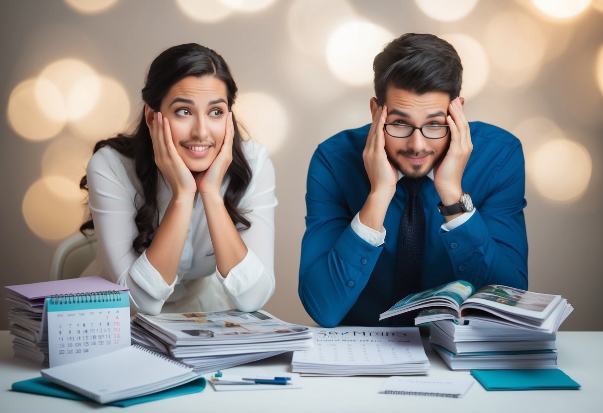A couple surrounded by wedding magazines, calendars, and a stack of notes, looking overwhelmed as they try to plan their wedding 18 months in advance