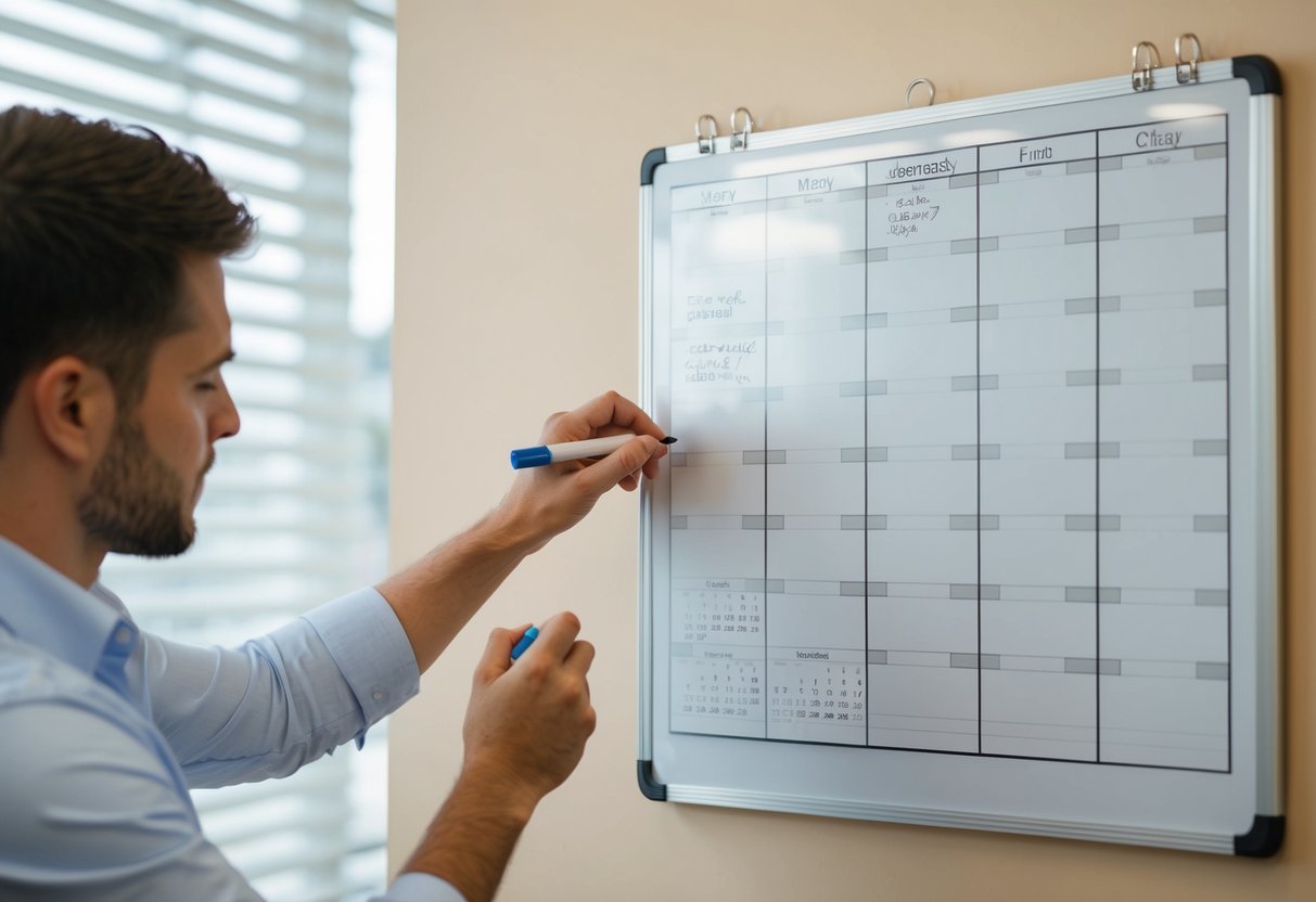 A person organizing a calendar and writing notes on a whiteboard