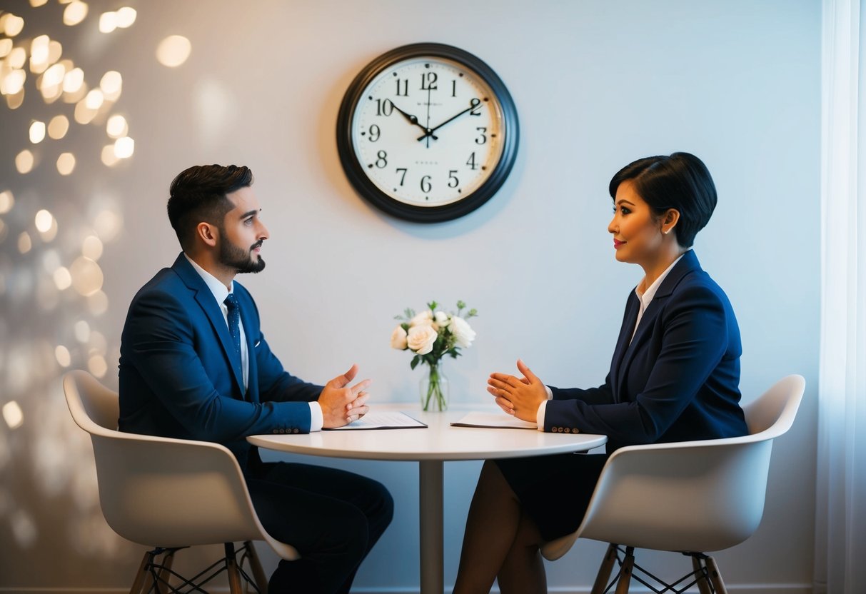 A couple sitting across from an interviewer at a table, discussing marriage. Clock on the wall shows passing time