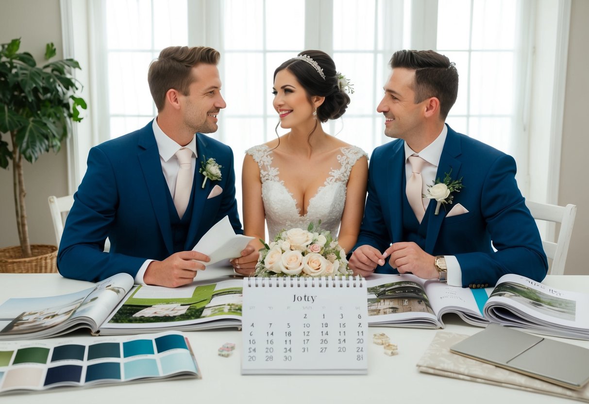 A bride and groom sit at a table, surrounded by wedding magazines, fabric swatches, and a calendar with 18 months marked off. They discuss and plan their wedding details