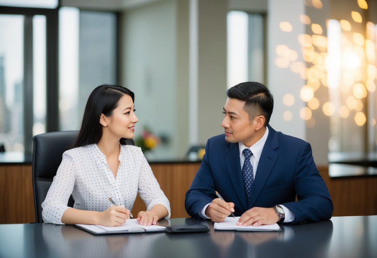A couple sits facing an immigration officer at a desk, answering questions. The officer takes notes and nods occasionally