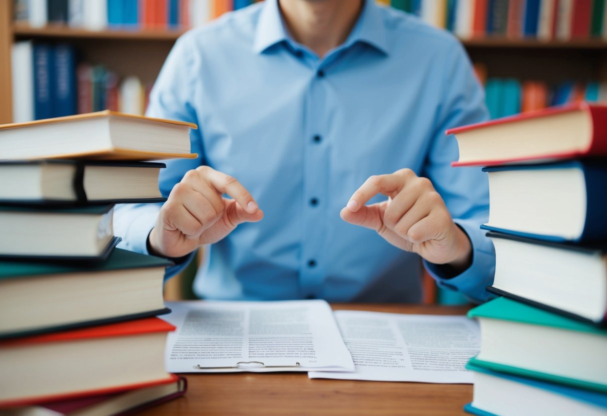 A person comparing two similar job roles, surrounded by books and educational materials