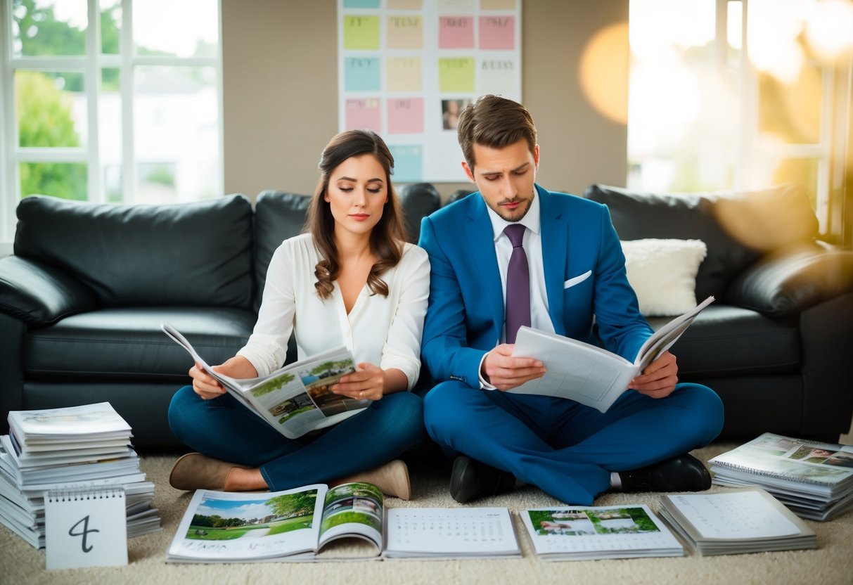 A couple sits surrounded by wedding magazines and calendars, looking overwhelmed by the amount of time and decisions ahead
