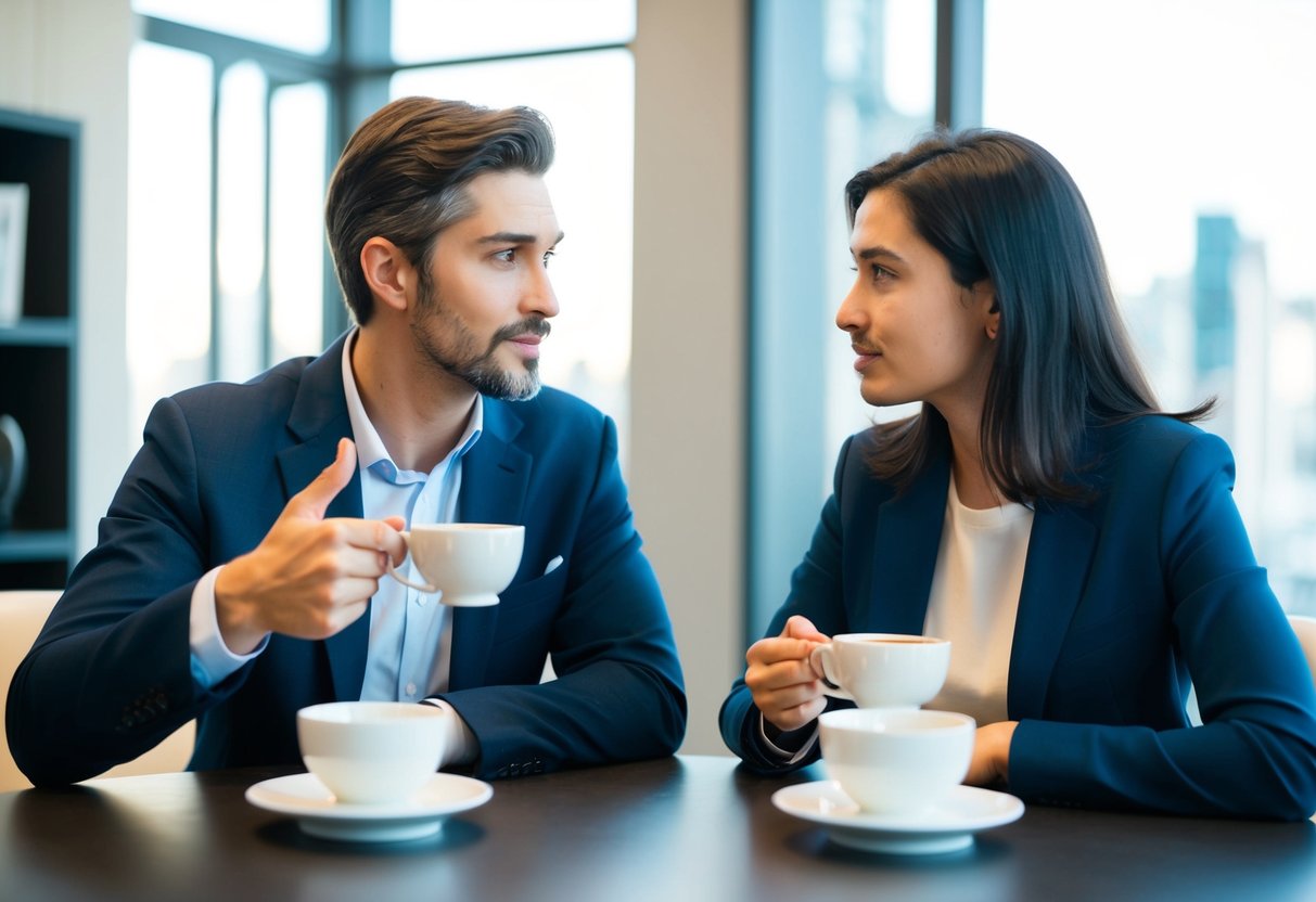 A man and a woman sit across from each other at a table, sipping tea. The man gestures as he asks questions, while the woman listens intently