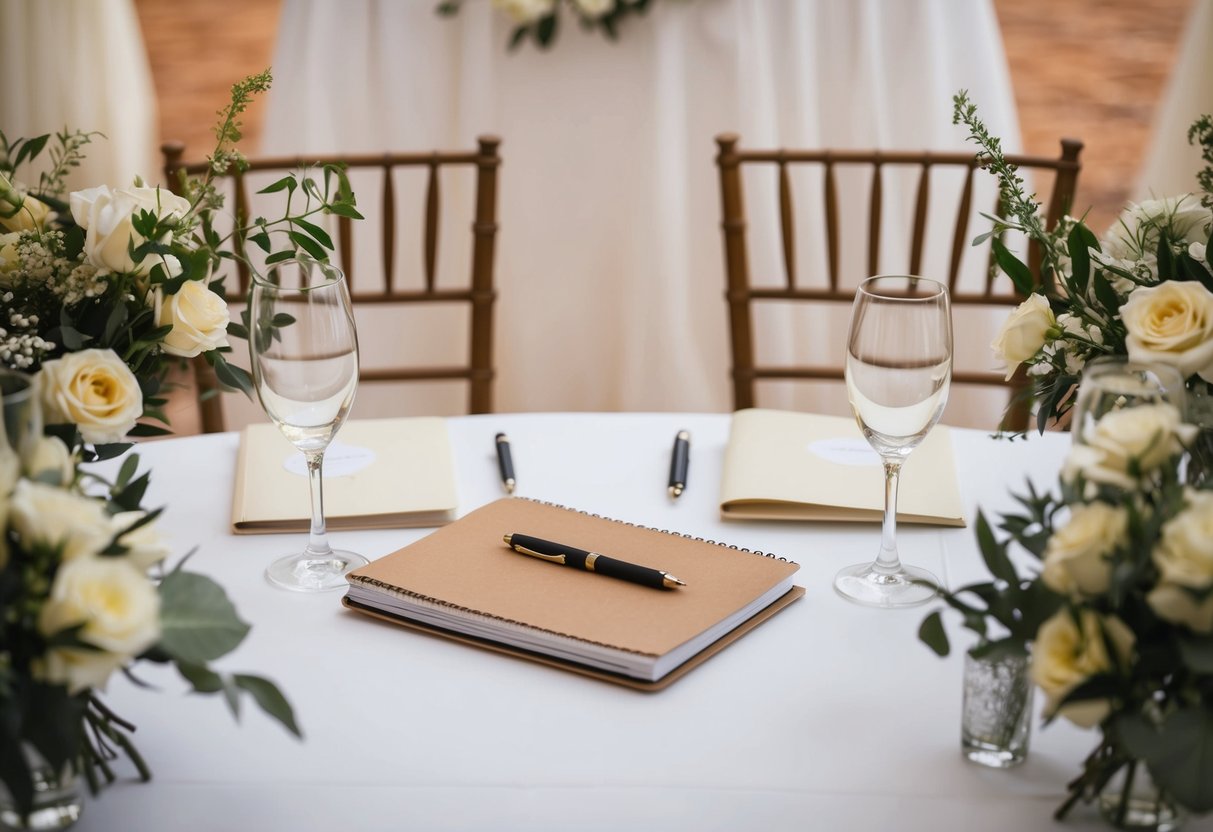 A table set with two chairs, a notebook, and a pen, surrounded by wedding decor and flowers