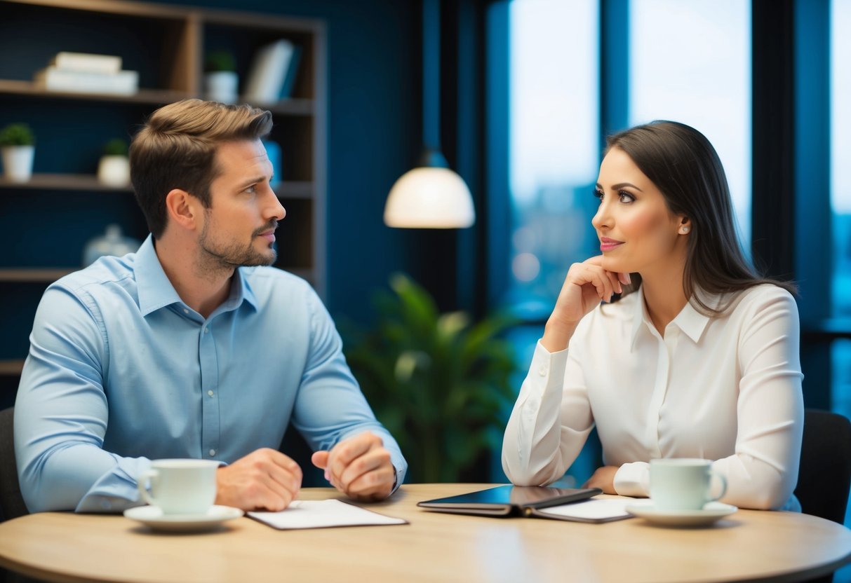 A man and a woman sit across from each other at a table, engaged in conversation. The woman holds a thoughtful expression as the man asks questions about her values and life goals