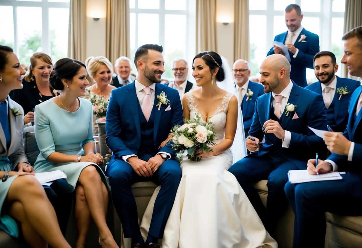 A bride and groom seated together, surrounded by friends and family, engaged in conversation, with a wedding planner nearby jotting down notes