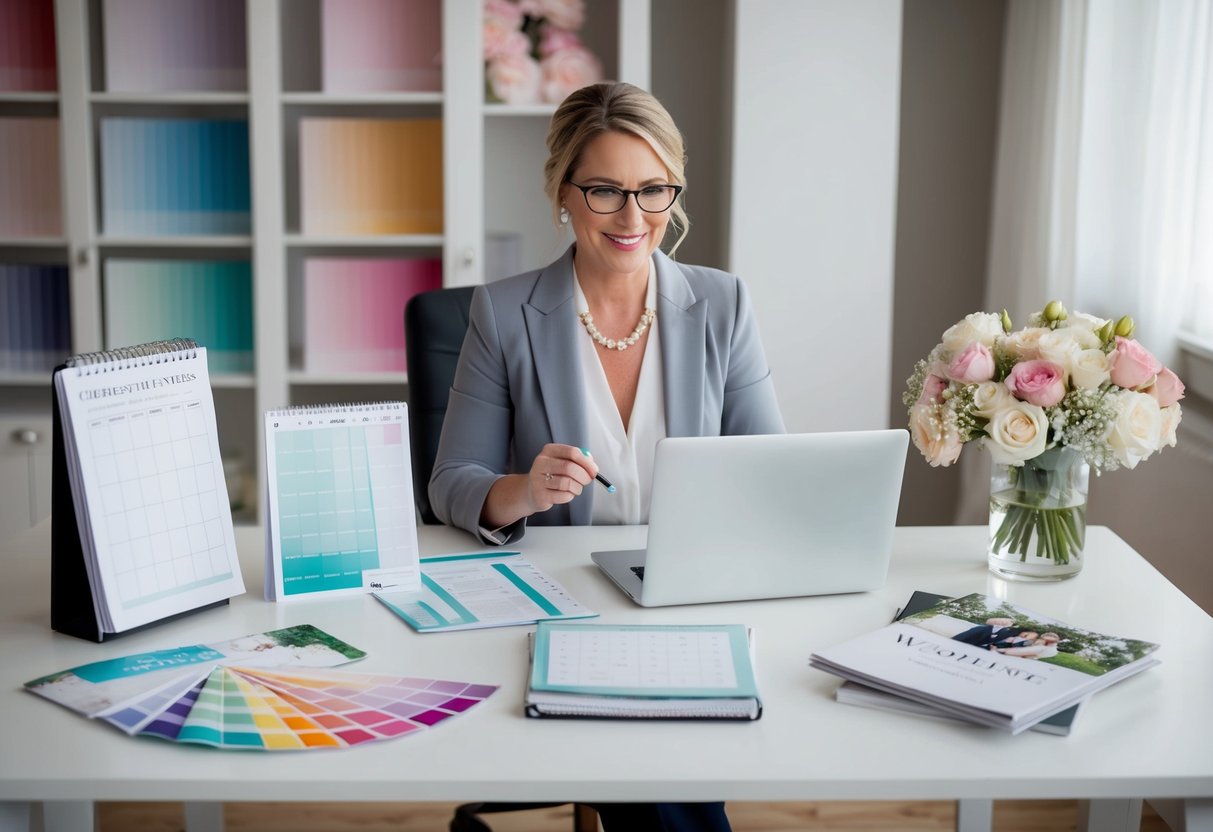 A wedding planner sits at a desk with a calendar, checklist, and laptop open, surrounded by color swatches and wedding magazines