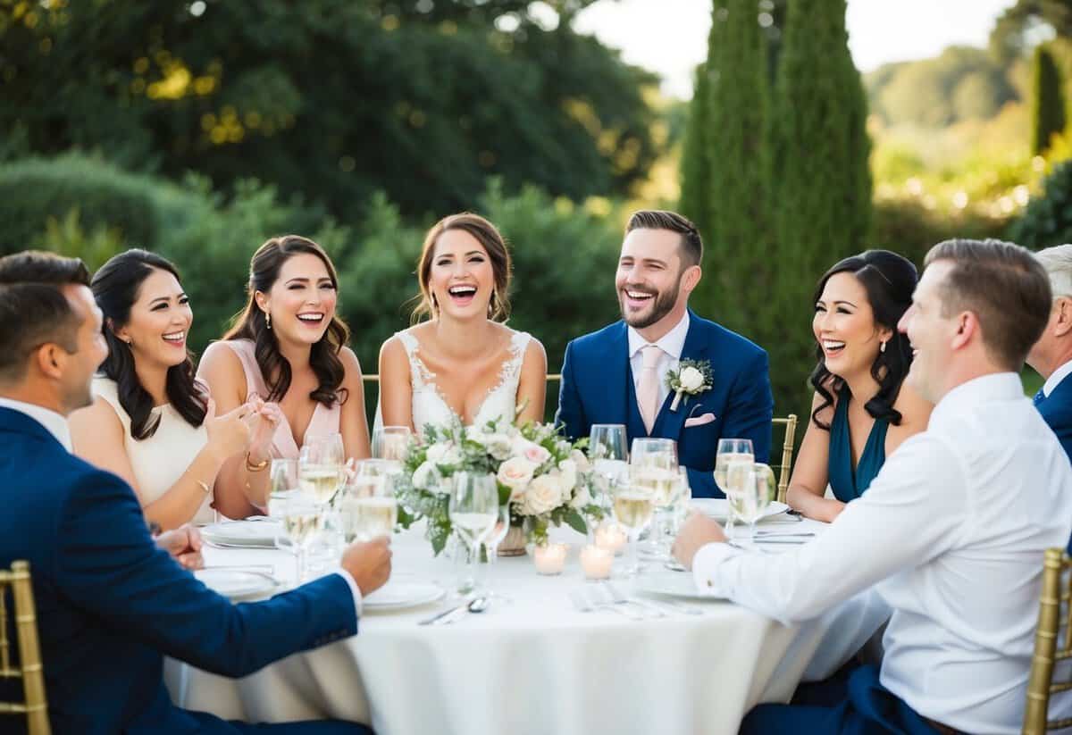 Guests gathered around a table, laughing as they take turns asking the bride and groom lighthearted and entertaining questions