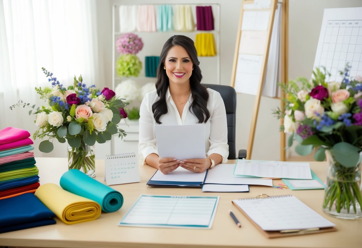 A wedding planner sits at a desk surrounded by colorful fabric swatches, floral arrangements, and design sketches. A calendar and checklist are visible on the table