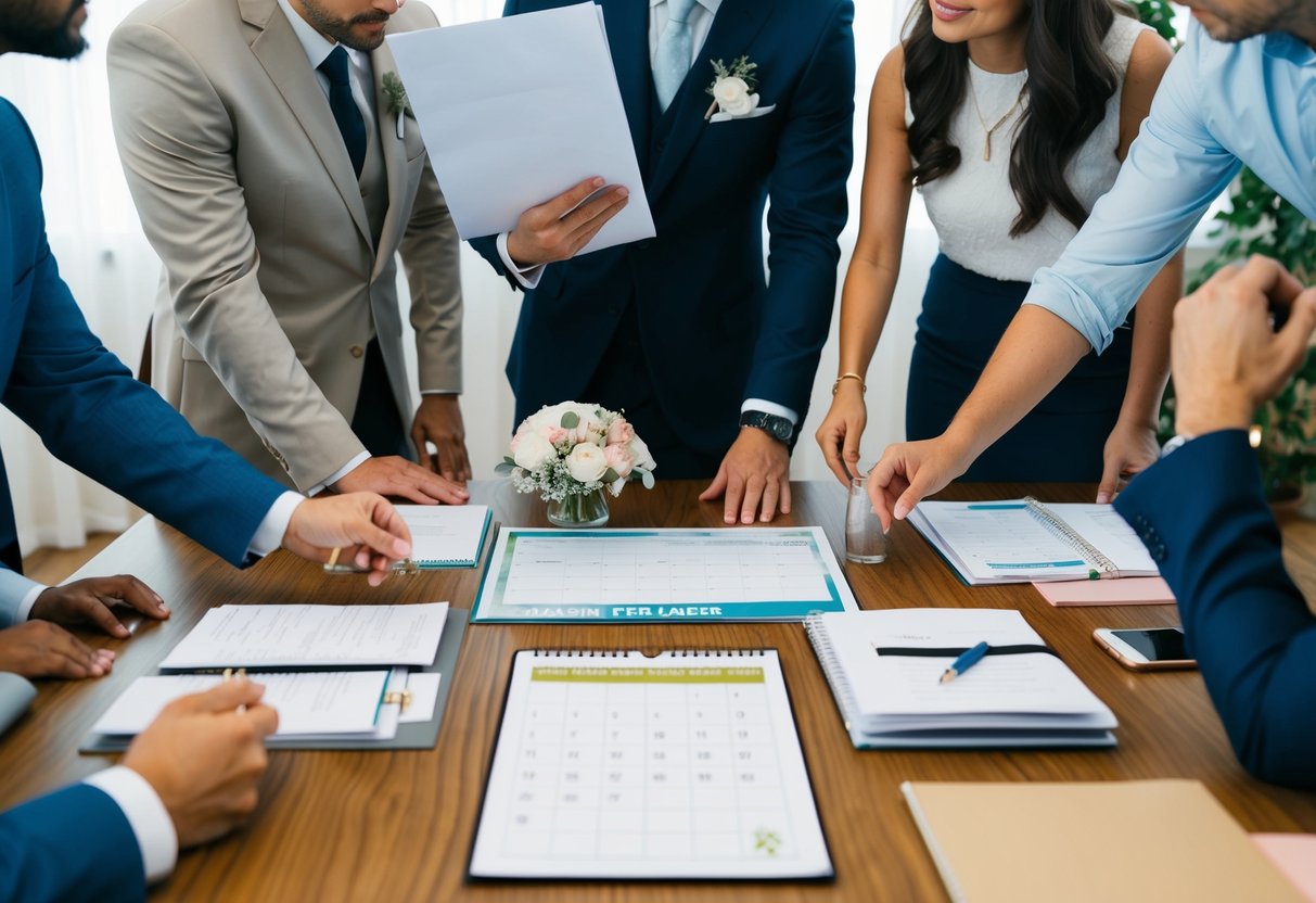 A table with wedding planning materials and a calendar, surrounded by a group of people discussing and making decisions