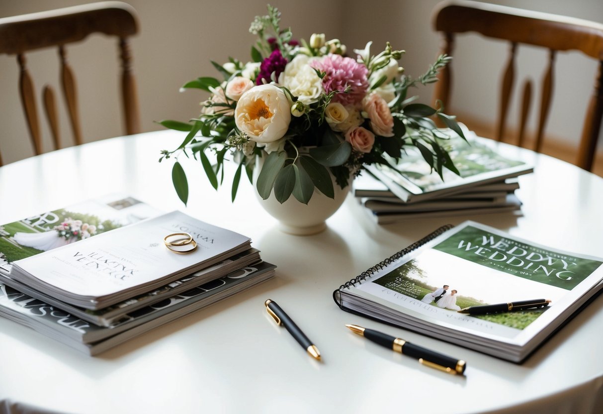 A table scattered with wedding magazines, flowers, and a notebook with a pen