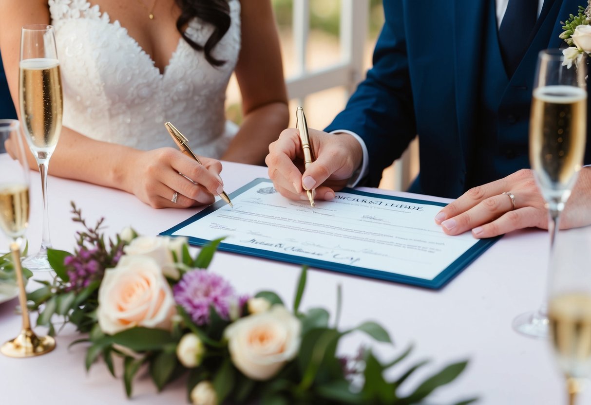 A couple's hands signing a marriage license at a decorated table with champagne and flowers