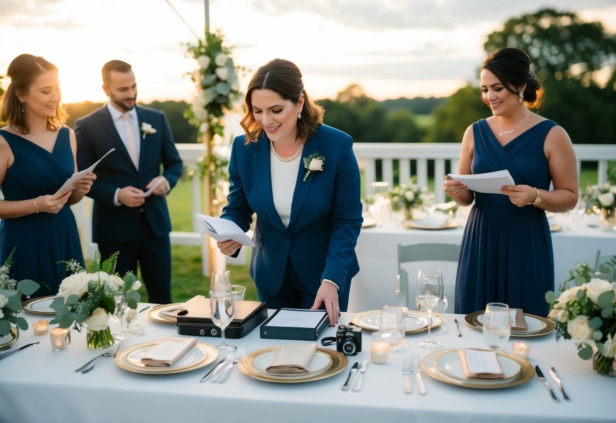 A wedding planner organizes final details, while vendors set up for the big day