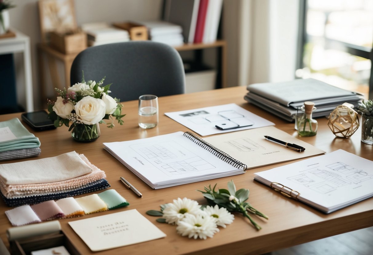 A wedding planner's desk cluttered with fabric swatches, flower samples, and a sketch of a venue layout