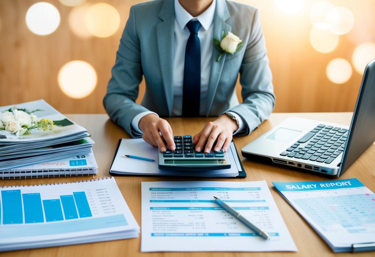 A wedding planner at a desk with a laptop and calculator, surrounded by wedding magazines and a calendar. A salary report and financial documents are spread out in front of them