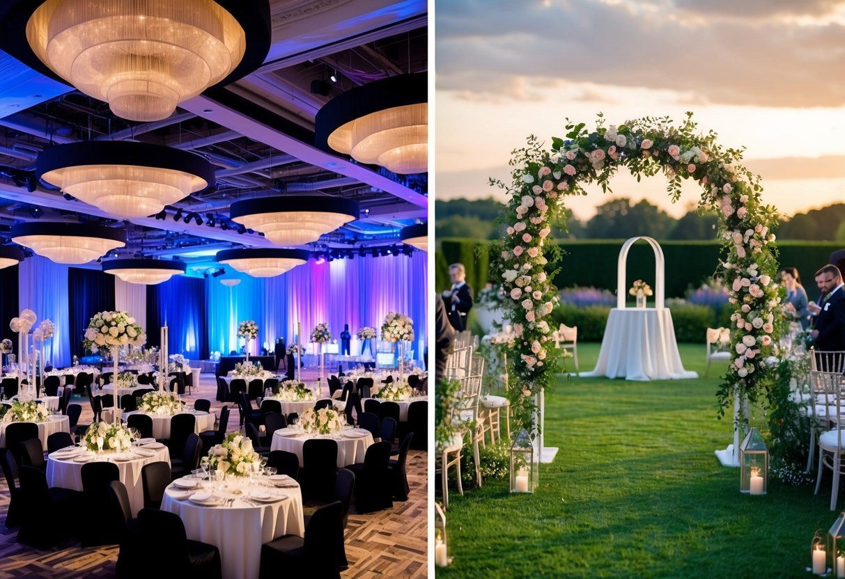 A bustling event hall with diverse decor and lighting for corporate events contrasts with a romantic garden setting with floral arrangements and a wedding arch