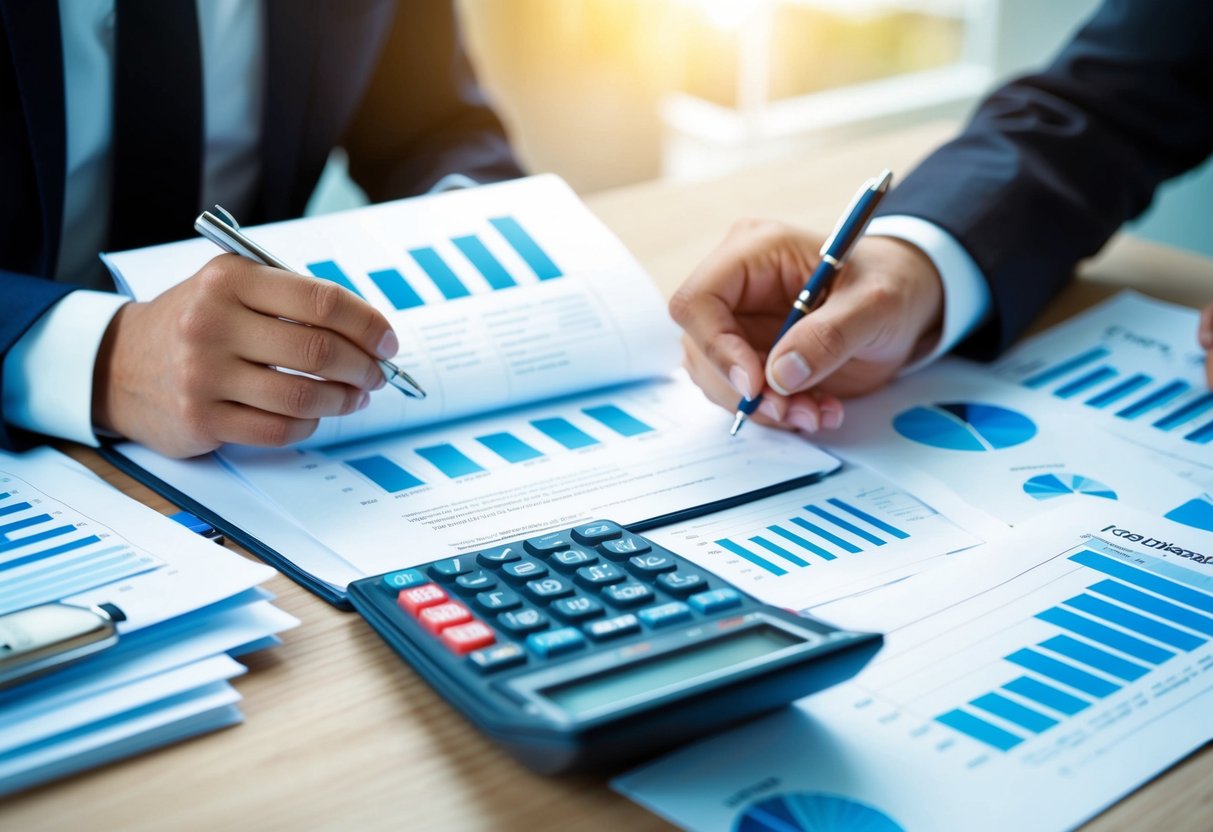 A wedding planner reviewing financial documents with a calculator and pen in hand, surrounded by charts and graphs