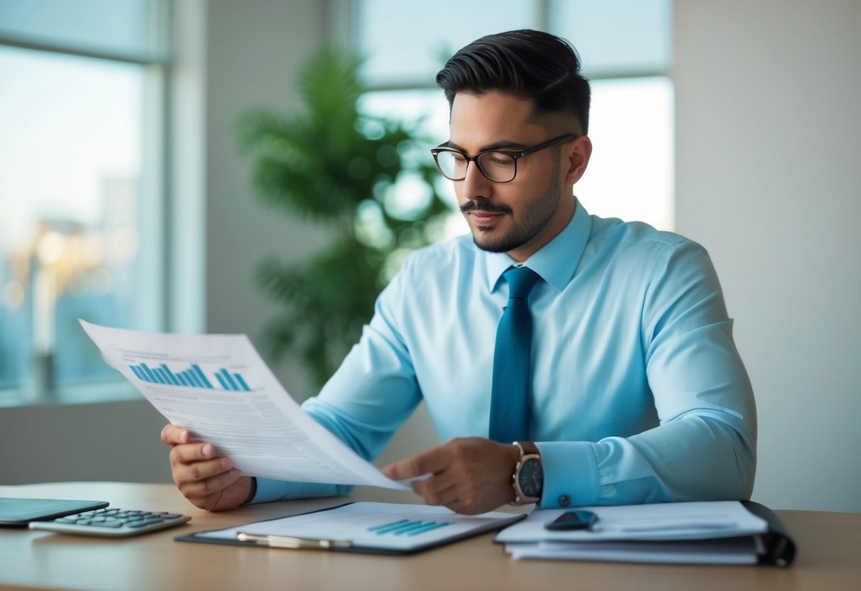 A wedding planner reviewing financial documents and calculating earnings
