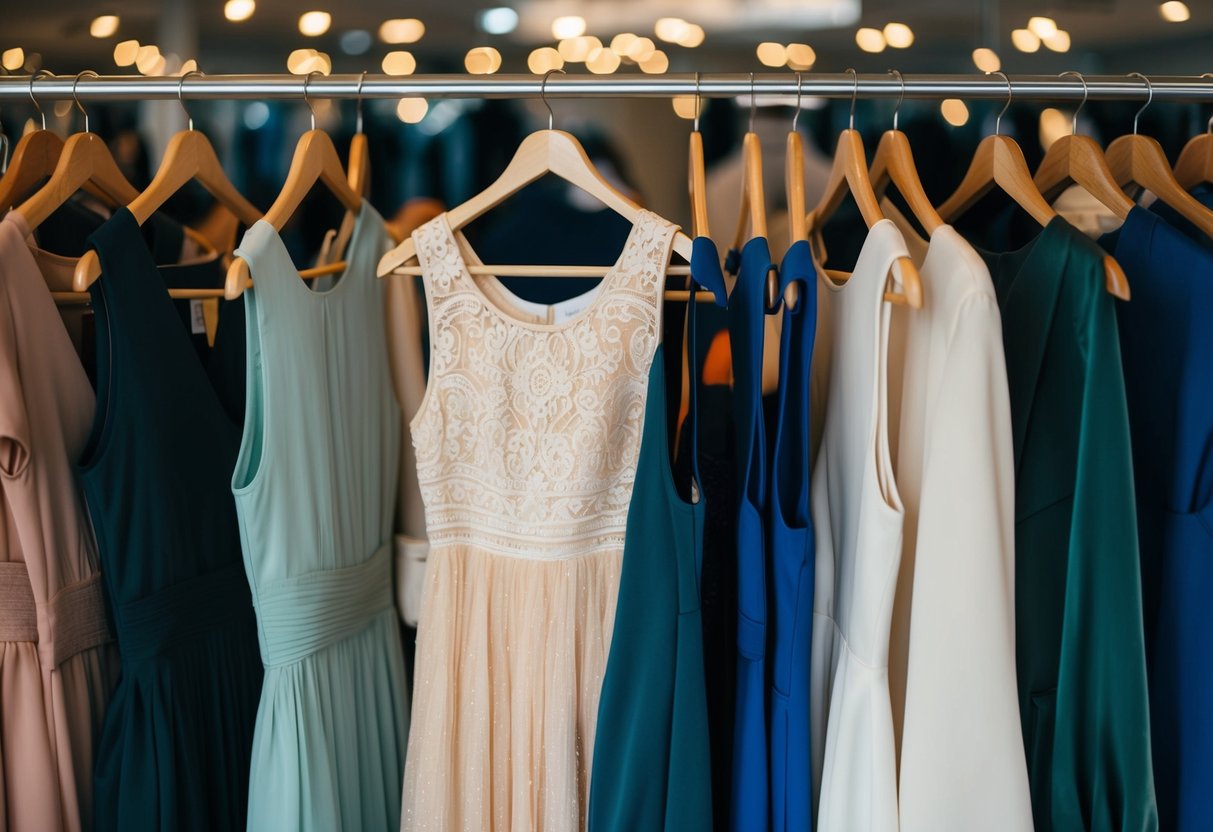 A dress hanging on a hanger, surrounded by other clothing options