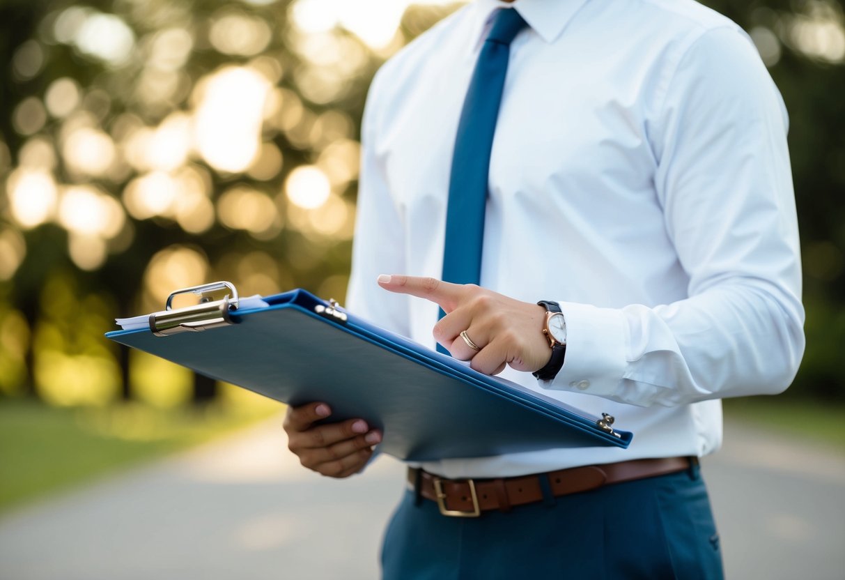 A person holding a wedding planner binder while pointing to a schedule on a clipboard