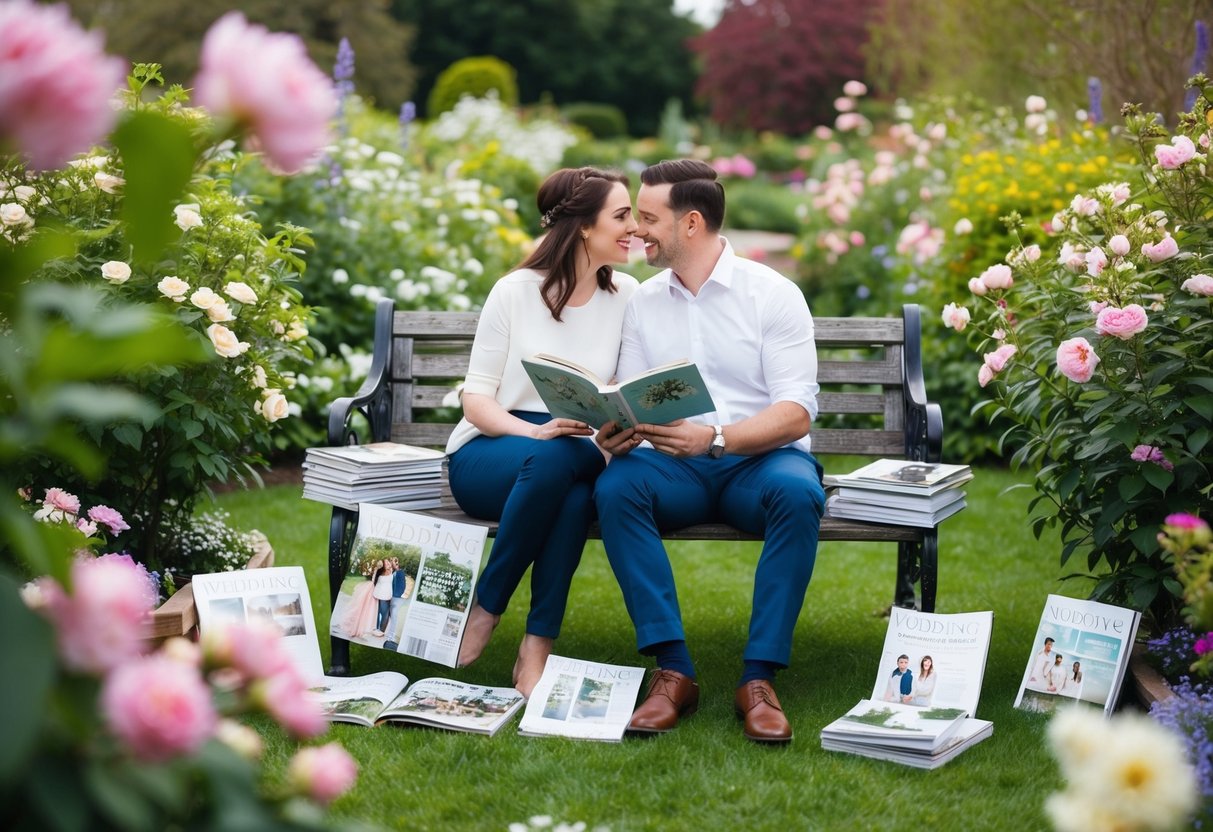 A couple sitting on a bench in a blooming garden, surrounded by wedding magazines and a notebook filled with ideas