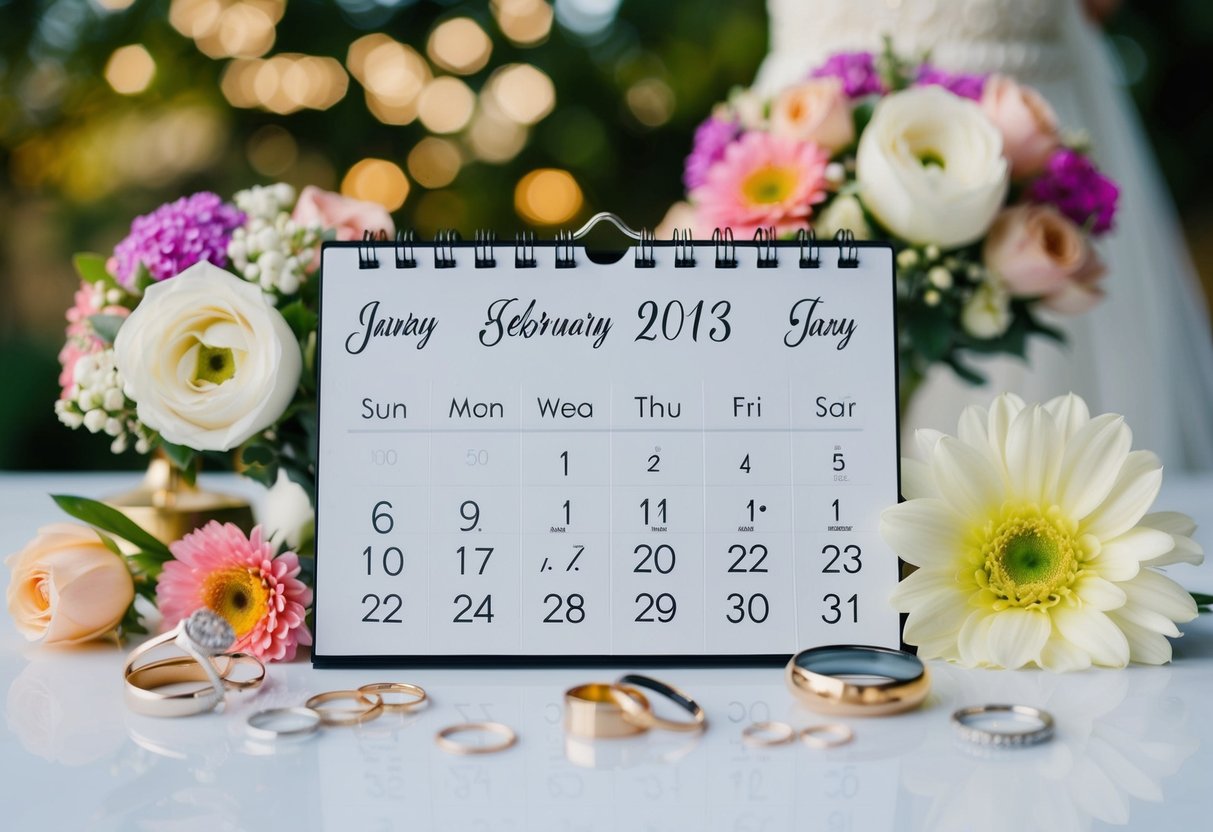 A calendar with months and dates, surrounded by wedding-related items like flowers, rings, and a wedding dress