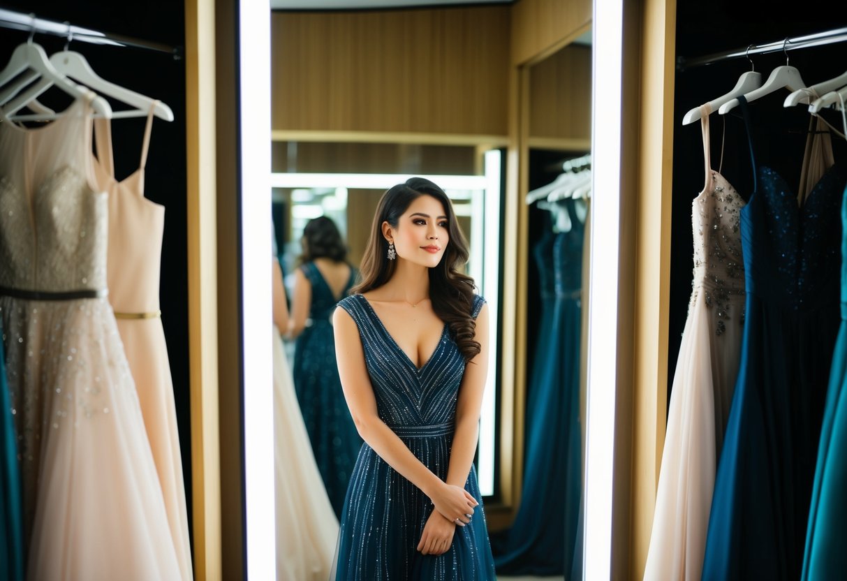 A woman swaps dresses in a well-lit dressing room, surrounded by racks of elegant gowns and a mirror reflecting her contemplative expression