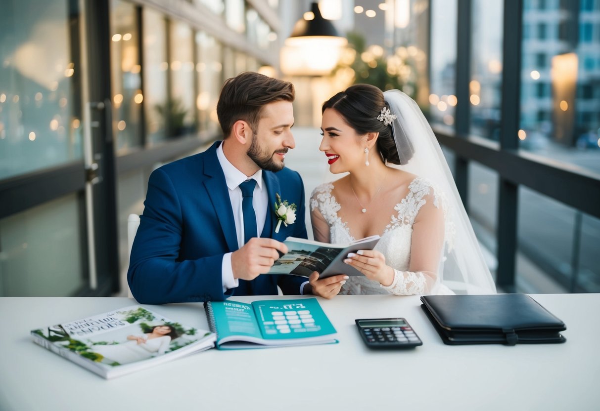 A couple sitting at a table with wedding magazines, a notebook, and calculator. They are discussing and planning their wedding budget