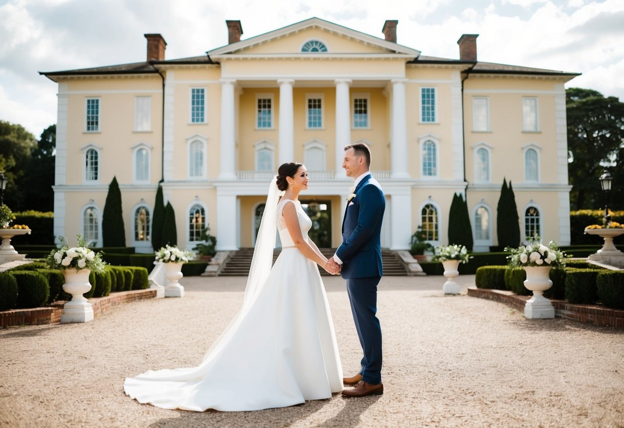 A couple standing in front of a grand, picturesque wedding venue, discussing and admiring the location