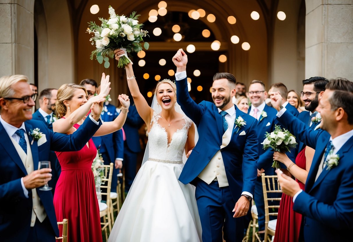 A joyful wedding ceremony with guests celebrating in elegant attire