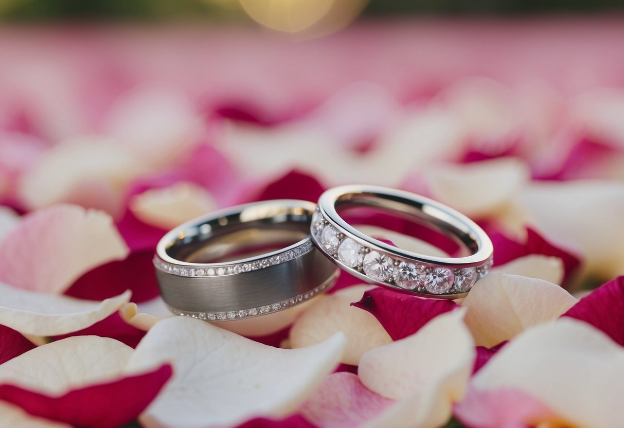 Two wedding rings resting on a bed of rose petals