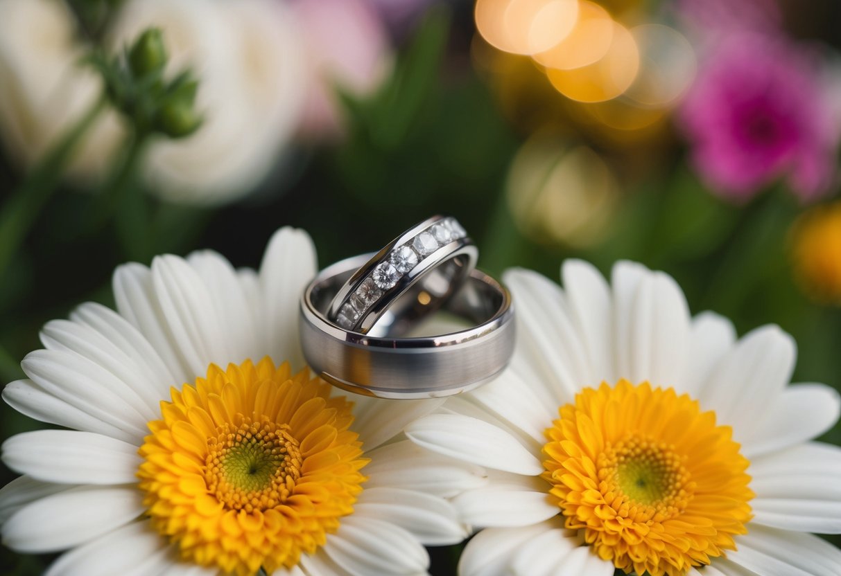 A pair of wedding rings resting on a bed of flowers, surrounded by symbols of love and unity