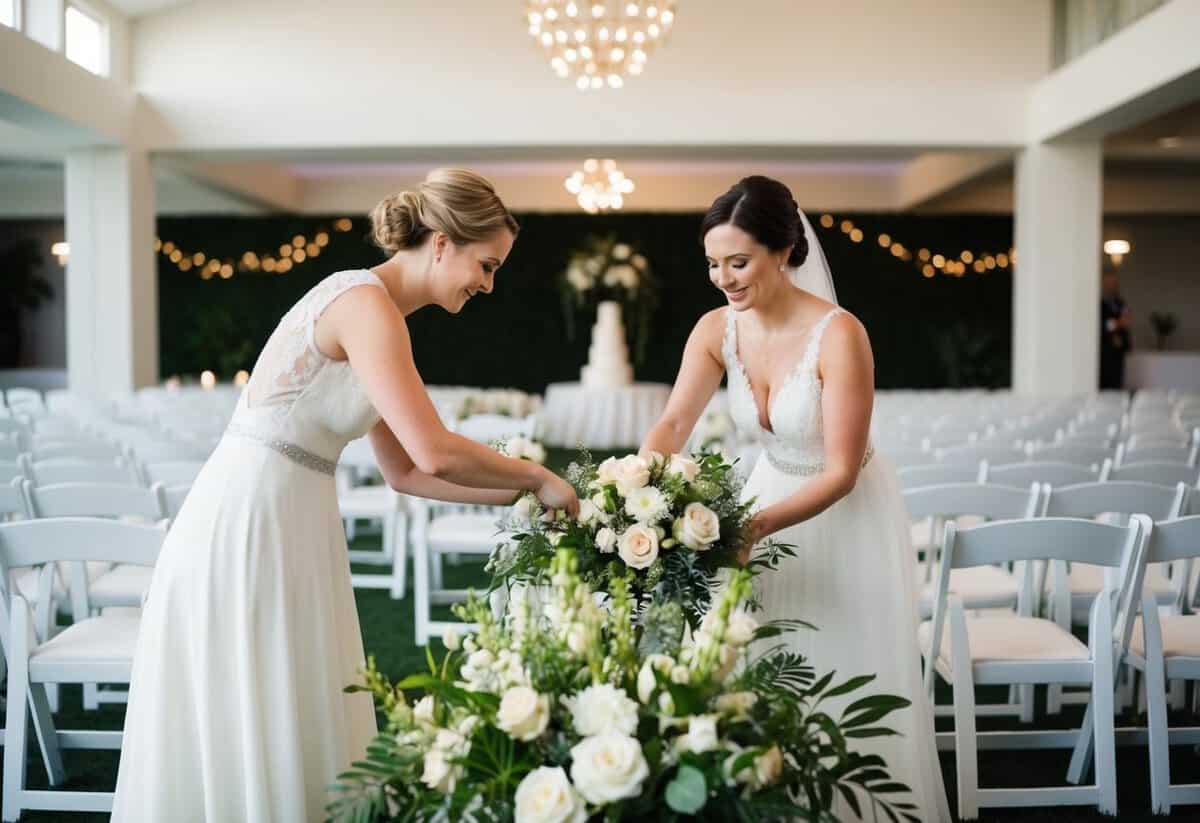 A bride and groom arranging flowers, setting up chairs, and decorating a venue for a wedding ceremony