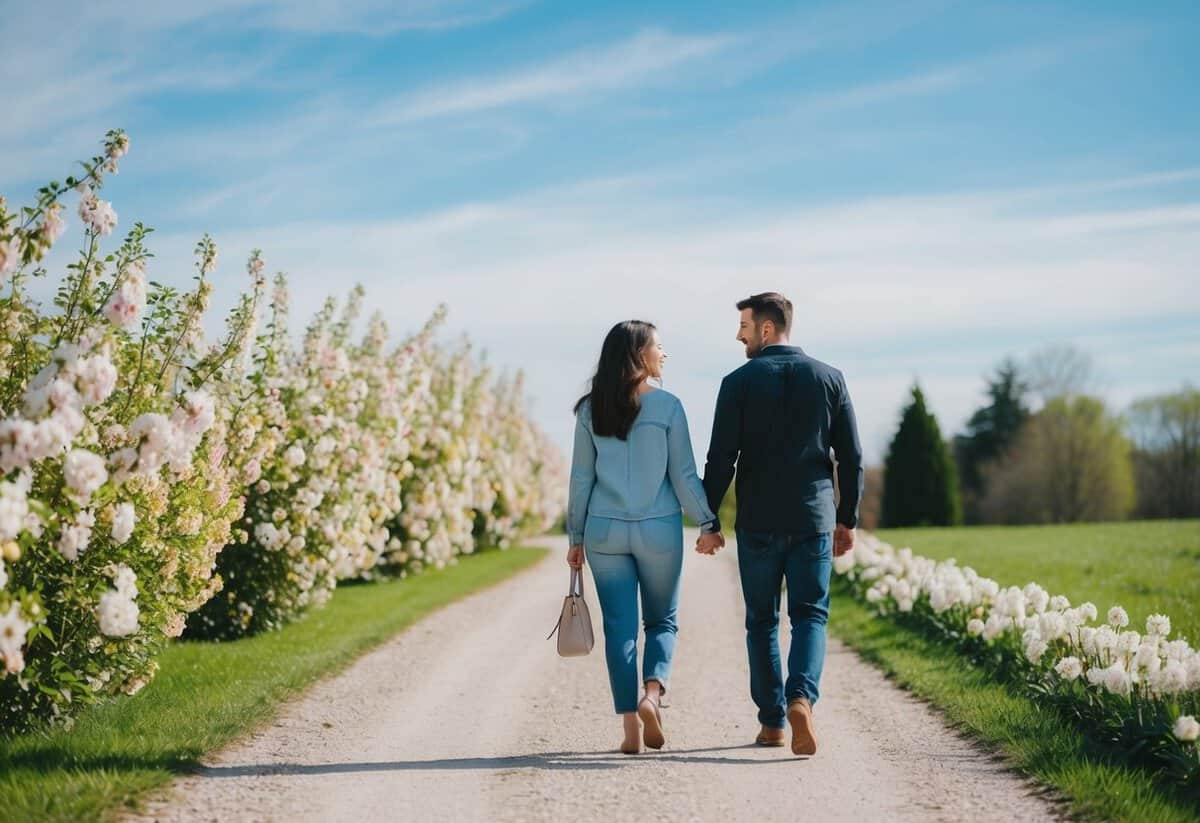 A couple walking together on a path, surrounded by blooming flowers and a clear blue sky