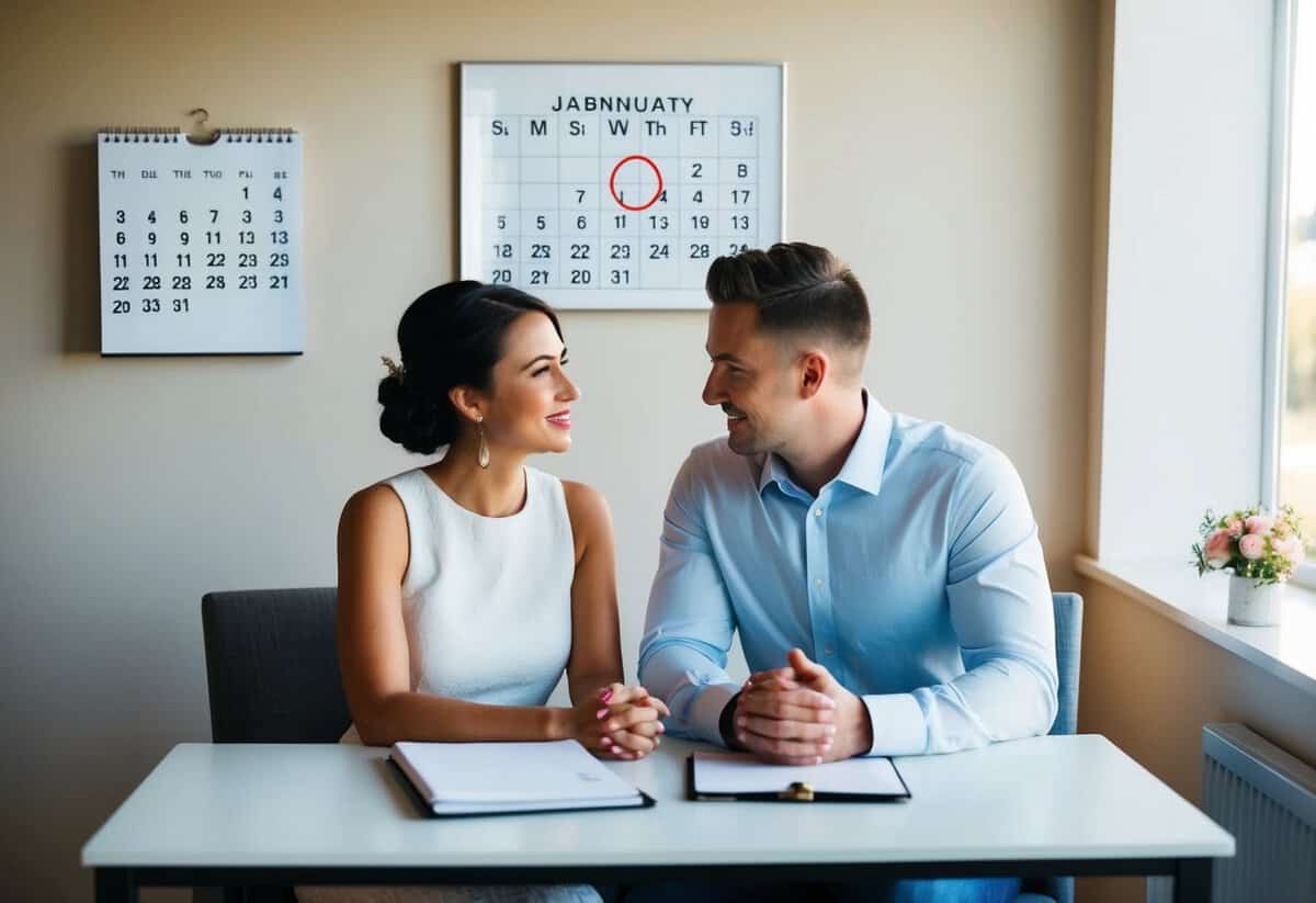 A couple sitting at a table, discussing their future together. A calendar on the wall shows the present date and a wedding date circled in the near future